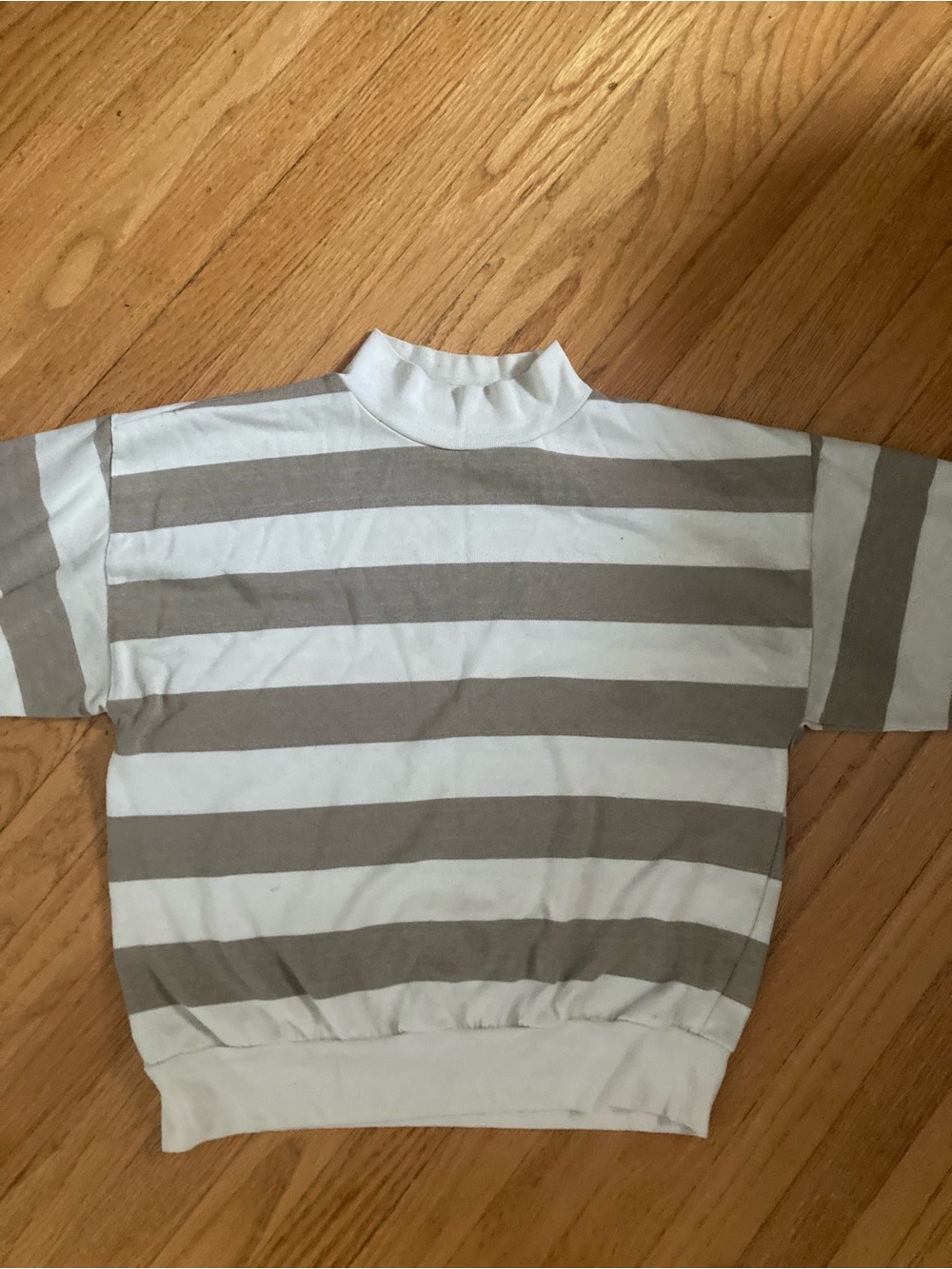 Kids Short-Sleeve Mock Neck Stripe Top - White & Taupe